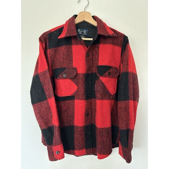 Vintage Mens S Bronzini Red Buffalo Check Button Shirt Jacket Wool Blend Shacket - Picture 1 of 7